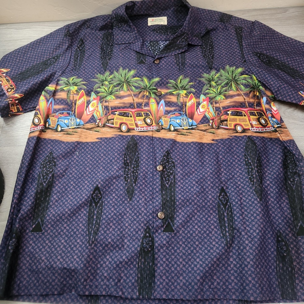 Vintage Royal Hawaiian Creations‎ 2XL Aloha Shirt Surfing Woody Wagons Palm Tree